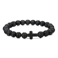 Macro detail of black volcanic stone beads and matte cross pendant on men's bracelet - Lava Stone