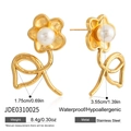 Waterproof gold flower earrings with white pearls and stems in stainless steel - JDE0310025 Gold Artificial Pearl Flower Stud Earrings