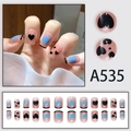 French blue smudge press-on nails with black heart patterns and tips, 24-piece full set - Black Heart Blue Smudge Glue Style (A535)