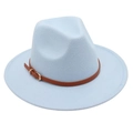 Detail of light blue wool felt fedora featuring a vintage brown leather belt with gold buckle - M (56-58cm) / Sky Blue