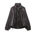 Women's dark brown faux leather bomber jacket with stand collar and ruched hem design - S / Coffee