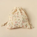 Macro view of floral muslin drawstring storage bag with premium cotton texture and rope - Pink Floral