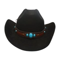 Classic black felt western cowboy hat with ethnic brown leather turquoise beaded band - One Size / Black