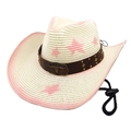 Detailed view of straw cowgirl hat with star patterns and bull head metal buckle - Cream / M (56-58cm)