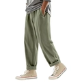 Detailed side view of men's loose linen trousers with elastic cuffs in olive green - S / Army Green
