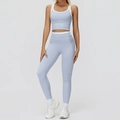 Women's light blue two-piece yoga set with ribbed crop top and high waist leggings - S / Top And Bottom (Tank Top + Long Pants) / Mist Blue