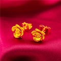 Elegant gold-plated brass rose stud earrings with a matte finish on red silk background - Style 12 Rose Stud Earrings (1 Pair With Backs)