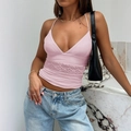 Pink Y2K halter top featuring lace patchwork and a deep V-neckline in a slim fit - XS / Pink