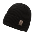 Bonnet en maille côtelée noire classique avec écusson en cuir pour la chaleur hivernale - Noir