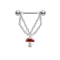 Detail of stainless steel nipple ring with chain and red zircon mushroom pendant - Double Layer Chain Red Mushroom
