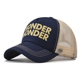 Cotton navy and beige trucker hat with yellow Wonder Wonder embroidery and mesh back - Navy Blue