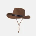 Brauner geflochtener Cowboyhut mit schwarzem Lederband und Kinnriemen für Herren - Verstellbare Einheitsgröße / Dunkelkaffee