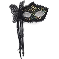 Black sequined masquerade mask with large side butterfly lace and hanging tassel detail - Side Butterfly Tassel Handheld Style / Black