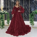 Lussuoso abito da sera bordeaux con paillettes, maniche lunghe e scollo a V profondo - Bordeaux