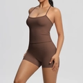Detail of chocolate brown sports set with slim fit camisole and high waist yoga shorts - Chestnut Brown