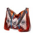 Detail of bohemian tote bag featuring colorful geometric jacquard and long side tassels - Style 2