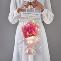 Pink gypsophila bouquet in clear gift bag with LED lights held by model for Mother's Day - New Pink Gypsophila with Light Gift Bag Greeting Card