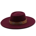 Burgundy wool fedora hat with wide brim featuring a brown studded leather band decoration - M / Burgundy