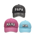 Three washed cotton baseball caps in grey, pink and blue with PAPA MAMA MINI embroidery - Family Set (PAPA+MAMA+MINI) / Black/Pink/Blue