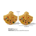 Golden shell earrings with multi-color rhinestones in polished stainless steel - Multicolor Rhinestone Fan Style (EH226) / Gold