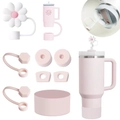 Pink silicone accessory set for water bottles including straw covers and splash-proof plugs - Pink Daisy Full Accessory Set