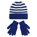 Detailed view of blue and white striped knit beanie with matching navy thermal gloves - M / Five-finger Gloves Style / Blue and White Stripes
