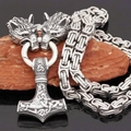 Viking Mjölnir necklace with Byzantine chain and wolf head connectors on wooden stand - Silver Double Wolf Head Hammer Stainless Steel Pendant Necklace