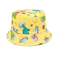 Detail of yellow kids bucket hat featuring cartoon astronaut dinosaur and UFO prints - Head Circumference 52CM--54CM / Yellow