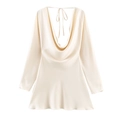 Elegantes champagnerfarbenes Satin-Minikleid mit langen Ärmeln und tiefem V-Ausschnitt - XS / Gebrochenes Weiß