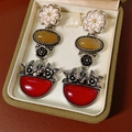 Detail of vintage bohemian floral drop earrings with colorful stones in a luxury box - Three-Layer Vintage Flower Style / Red White Yellow Vintage Silver