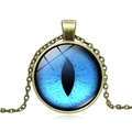 Vintage bronze dragon eye necklace with blue glass gem pendant on a classic O-chain link - Bronze Base - Blue Cat Eye
