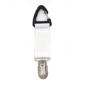 Detail view of portable hat clip with black carabiner and silver metal buckle - White