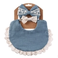 Morandi blue muslin baby bib with white lace trim and two matching bow headbands set - Peacock Blue