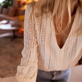 Women's V-neck long sleeve crochet lace top in elegant cream white solid color - S / Apricot