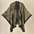 Chinese style dark green landscape print shawl cape wrap for winter travel and camping - 130x150cm / Jiangnan Water Town Camel