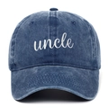 Detail of white uncle embroidery on vintage navy washed denim baseball cap texture - Adjustable / Uncle / Navy Blue