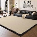 Cream vintage French area rug with black geometric borders on wooden flooring - Persian Velvet - Dawn Castle