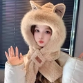 Bufanda con capucha de felpa beige con orejas de gato y guantes cálidos de invierno - Juego de 2 piezas con relieve de piel de zorro / café