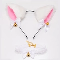 Plush cat ear headband and lace choker set with pink ribbons and gold bells - White Faux Fur Pink Inner Cat Ears + Choker