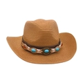 Sombrero de vaquero de paja tejida estilo étnico con banda de turquesa decorada. - Caqui