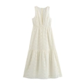 Elegant sleeveless white lace maxi dress with deep V-neck and delicate floral embroidery - XS / Ivory