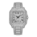 Silver iced out square watch for men featuring full crystal pavé and Roman numerals - Silver