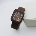Close-up of square quartz watch with rose gold swan motif and brown silicone strap - Coffee Swan Style