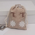 Linen Christmas drawstring gift bag with brown glitter reindeer and snowflake pattern - Burlap Reindeer