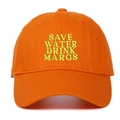 Detail of neon green embroidery SAVE WATER DRINK MARGS on orange cotton baseball cap - Orange