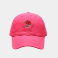 Detailed view of red rose embroidery on pink cotton baseball cap with high quality stitching - Adjustable / Rose Red