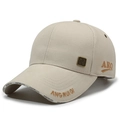 Men's beige baseball cap with 3D embroidery and vintage bronze metal logo plate - Adjustable / Light Beige