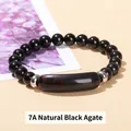 7A natural black agate beaded bracelet with a brown rectangular stone focal piece - 7A Natural Black Agate