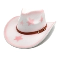 Detail of white felt cowboy hat with pink star patterns and brown faux leather band - M (56-58cm) / White