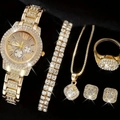 Luxury gold women's watch set with crystal tennis bracelet, necklace, ring and earrings - Multi-Dial Full Diamond 5-Piece Set / Gold